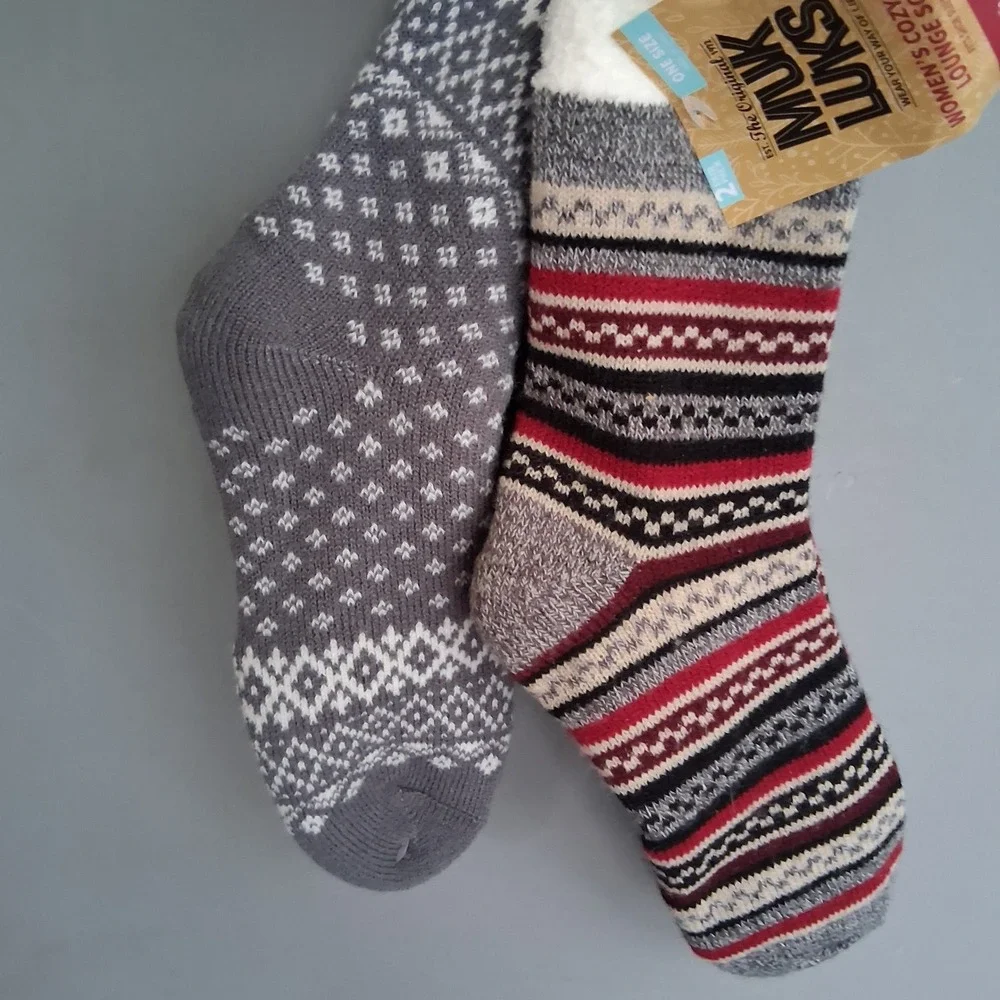 MUK LUKS Womens Cozy Lined Lounge Socks 2 Pair Pack Red Grey Fair Isle OSFM